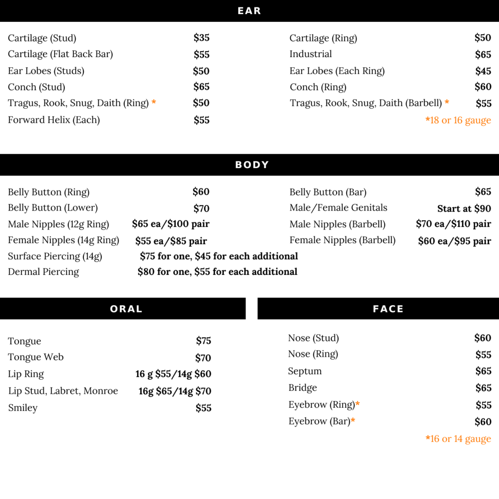 Piercing Price List